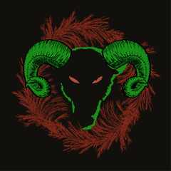 T-shirt design of a goat head with horns on red branches on a black background. satanic circle - obrazy, fototapety, plakaty