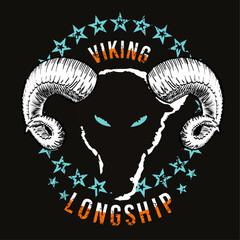 Viking longship. T-shirt design of the head of a goat surrounded by stars on a black background, - obrazy, fototapety, plakaty