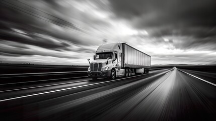 Truck Transportation logistics highlighted by a powerful black truck in city motion blur, representing rapid transit, metropolitan freight services, and streamlined truck transportation logistics. - obrazy, fototapety, plakaty