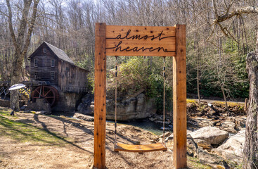 Glade Creek Grist Mill and Waterfall in West Virgina During a Sunny Spring Day