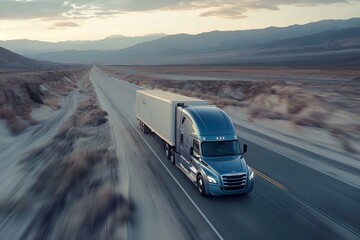 Truck Transportation logistics highlighted by a powerful black truck in city motion blur, representing rapid transit, metropolitan freight services, and streamlined truck transportation logistics. - obrazy, fototapety, plakaty
