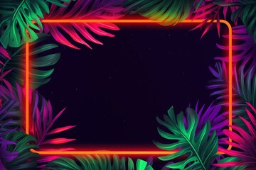 Vibrant background with tropical plants and a neon frame. Generative AI