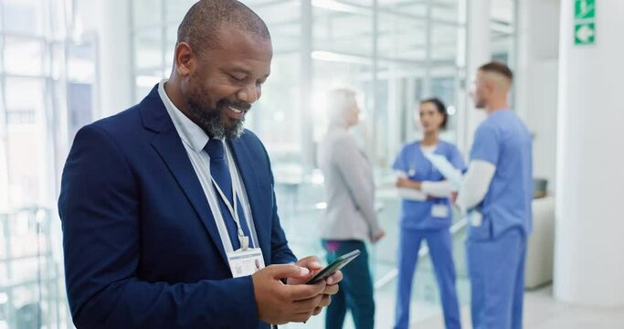Black man, phone and typing at hospital for communication, social media or healthcare research. African businessman or visitor on mobile smartphone for online chatting, texting or app at clinic
