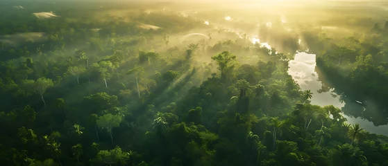 Schilderijen op glas A breathtaking landscape of the Amazon jungle, featuring towering trees, lush vegetation, winding rivers, and a diverse array of wildlife © DigitaArt.Creative