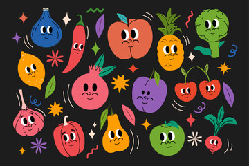Set of fruits in modern and trendy groovy style. Comic face in funky style. Vector illustration. y2k pattern. Retro poster. Plum, raspberry, peach, apple, pear, lemon. Comic Character mascot. 70s.ы
