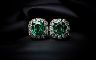 Emerald and diamond earrings on black silk background
