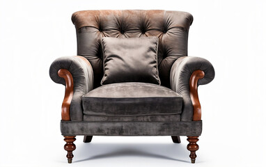 Isolated brown armchair with the pillow. Vintage brown chair on a white background