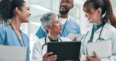 Discussion, scheduling and healthcare with tablets, hospital and technology using internet. Conversation, planning and nurses in agreement, notebooks and talking with mature, digital and online - Powered by Adobe