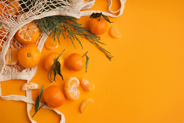 Bag with tasty tangerines, leaves and thuja branches on orange background
