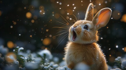 Funny surprised rabbit. Cute little bunny wondering about the first snowfall encounter. Snow at autumn. - obrazy, fototapety, plakaty
