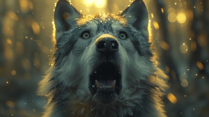 Funny surprised wolf with open jaws and round eyes.  Close up portrait.