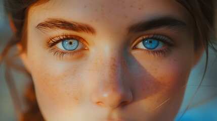 A charming portrait of a cute girl with captivating blue eyes, her expression warm and inviting