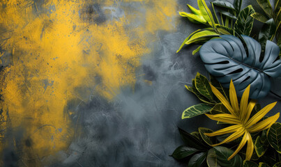 tropical foliage with vibrant yellow accents on a dark gray artistic background