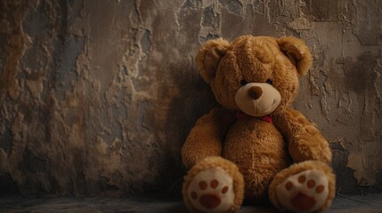 tender teddy bear, leaning against a solid wall. generative ai