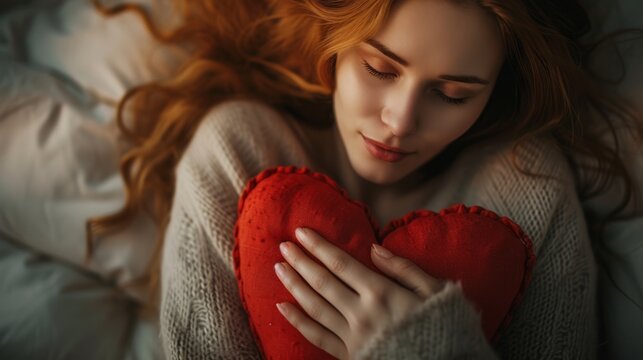 Woman holding a heart shaped cushion generative ai