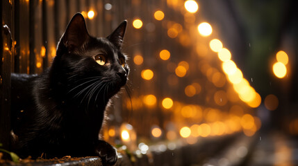 Un chat noir, perché sur un mur de briques, observe la rue animée en dessous, ses yeux brillants reflétant la lueur des lampadaires. - obrazy, fototapety, plakaty