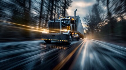 Transportation logistics at golden hour with semi-truck on highway, fast delivery, commercial freight, road travel, industry, sunset, dynamic.