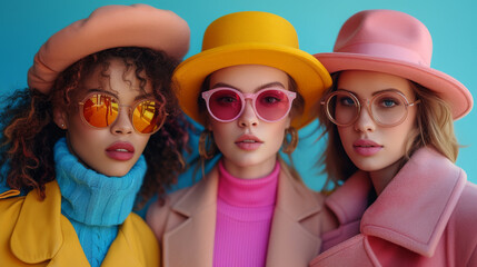 Stylish Friends Posing in Vibrant Hats and Retro Sunglasses Together - obrazy, fototapety, plakaty