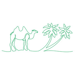 tree palm and Two-humped camel in continuous line art drawing style