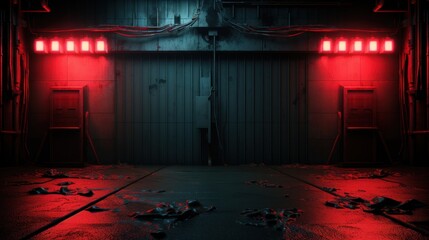A dark room with red lights on the wall and floor, AI