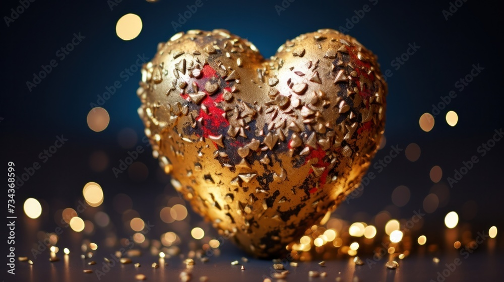 Poster A gold heart shaped object with a bunch of shiny things around it, AI