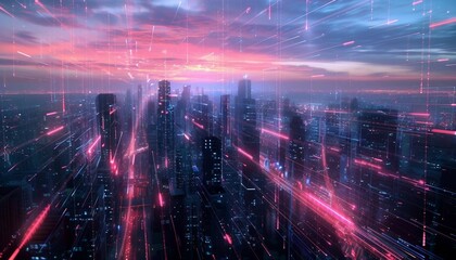 Fototapeta premium Fiber Optic Lines Weaving Seamlessly Through Cityscape, Symbolizing High-Speed Internet and Communication Network . 