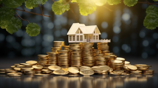 real estate concept image. building on a bunch of coins. 
