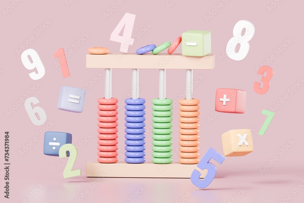 Poster 3d minimal cartoon abacus with mathematic cube icon. arithmetic game learns counting number educatio