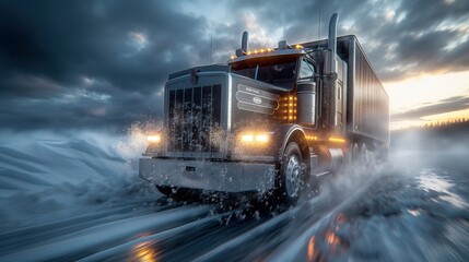 commercial black semi-truck defines Truck Transportation logistics, its powerful presence on the city roads highlighting rapid transit and professional truck transportation logistics. - obrazy, fototapety, plakaty