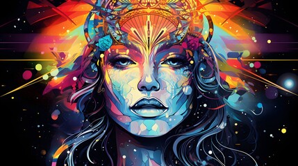 concert poster, illustrative vector like style, celestial crystal themed, bright colors, festival art posters, psychedelic
