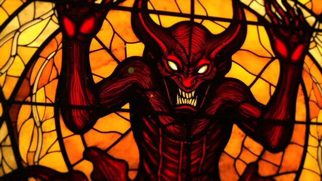 Stained glass window of a satanic church featuring the image of a red-horned demon with raised hands and a malicious smile showing fangs, with golden and orange light in the background