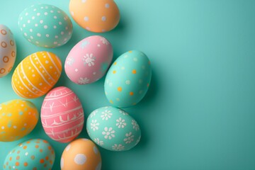 Fototapeta na wymiar Colorful easter eggs on turquoise background