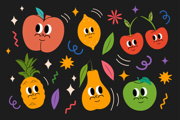 Obraz na płótnie Canvas Set of fruits in modern and trendy groovy style. Vector y2k illustration. Retro poster. Peach, apple, pear, lemon, cherry, pineapple. Comic Character mascot. 60s. Stickers hippie pack. Smile face.