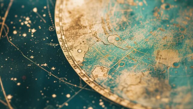 Ancient star map depicting the movement of celestial bodies, with the world in a golden circle, the earth and the blue sea, and stars in the background with lines. Mystic wallpaper for magic contents	