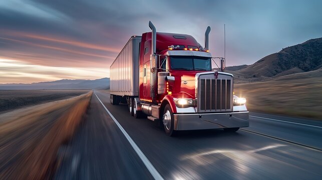 Truck Transportation logistics commercial prowess displayed by a blue semi-truck against a dynamic sky, highlighting rapid delivery, durable transport, and seamless truck transportation logistics