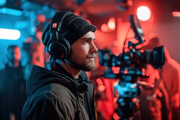 A man wearing headphones stands in front of a camera, possibly engaging in a conversation or recording audio.