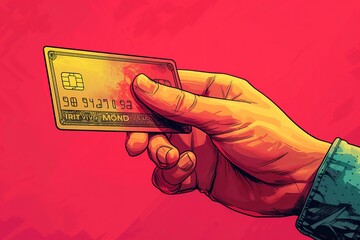 A digital generated image featuring a long cartoon hand holding a credit card.