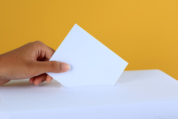Voting Woman Near Ballot Box on Yellow Color Background