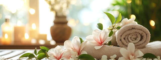 Serene Spa Setting With Rolled Towel and Plumeria Flowers on a Warm Afternoon