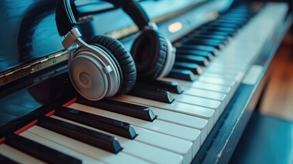 Piano keyboard with headphones for music