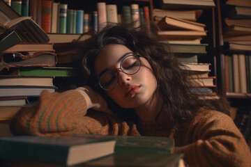 A retro-style nap among books. The concept of a difficult exam.