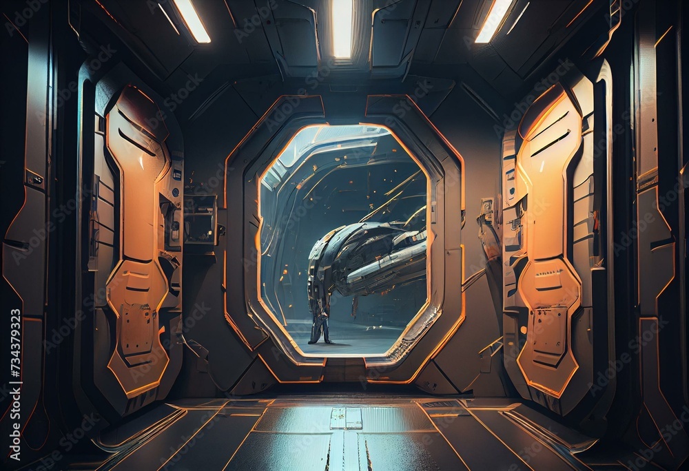 Wall mural spaceship hatch and corridor background. generative ai