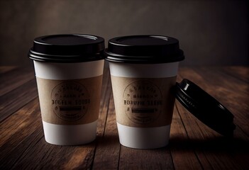 Two white take away coffee paper cups mock up with black lids on wooden background. Opened (with holder) and closed disposable cups. Generative AI - obrazy, fototapety, plakaty