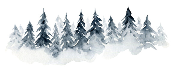 Mist watercolor illustration of textured gray blue coniferous fir forest landscape. Monochrome foggy pine trees texture for winter Christmas design, print, north landscape banner - obrazy, fototapety, plakaty