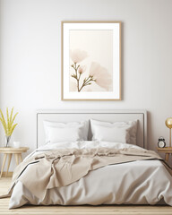 Fototapeta na wymiar Elegant Bedroom Interior with Neutral Bedding and Floral Wall Art