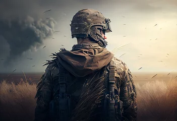 Fotobehang soldier looking at the horizon in the field of war ai. Generative AI © Aiden