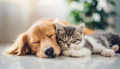 Puppy and kitten sleeping together symbolizing friendship and bonding on a blurred white home background