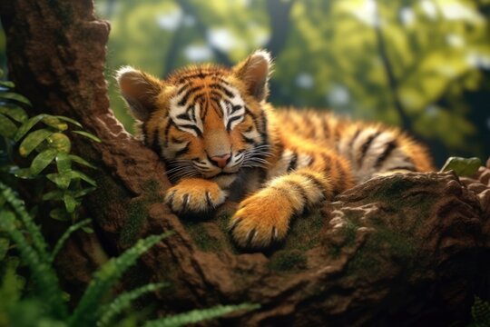 Photo of a tiger sleeping in the tree