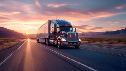 Truck Transportation logistics in motion, as a commercial semi-truck races against a tempestuous backdrop, epitomizing swift, reliable truck transportation logistics - obrazy, fototapety, plakaty
