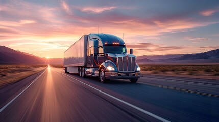 Truck Transportation logistics in motion, as a commercial semi-truck races against a tempestuous backdrop, epitomizing swift, reliable truck transportation logistics